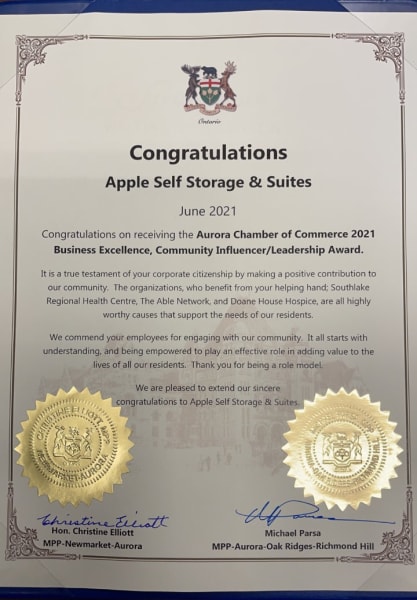 congratulatory scroll presented to apple self storage and suites