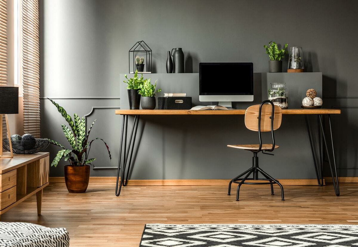 A well-organized home office with a chair, desk, and house plants.