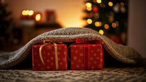 Two presents partly covered up by a woven blanket.